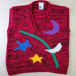 Vintage Hand Knit Sweater Vest Sz 44/ XL Oversized Boxy Artsy Whimsy Moon Stars